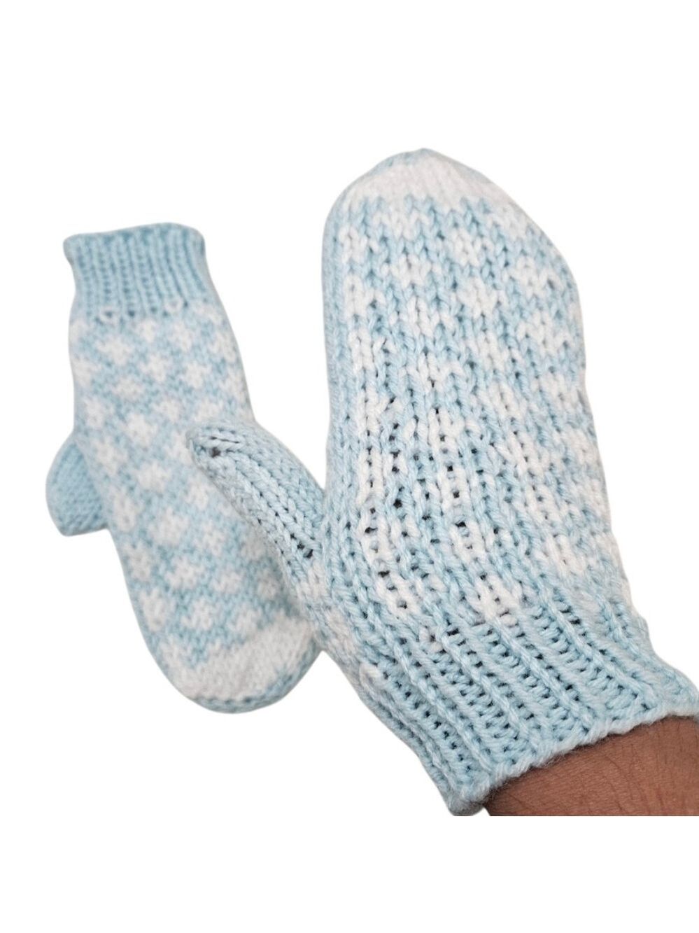 Handmade Blue & White Crochet Mittens with Heart Pattern –Winter Gift Kid's size